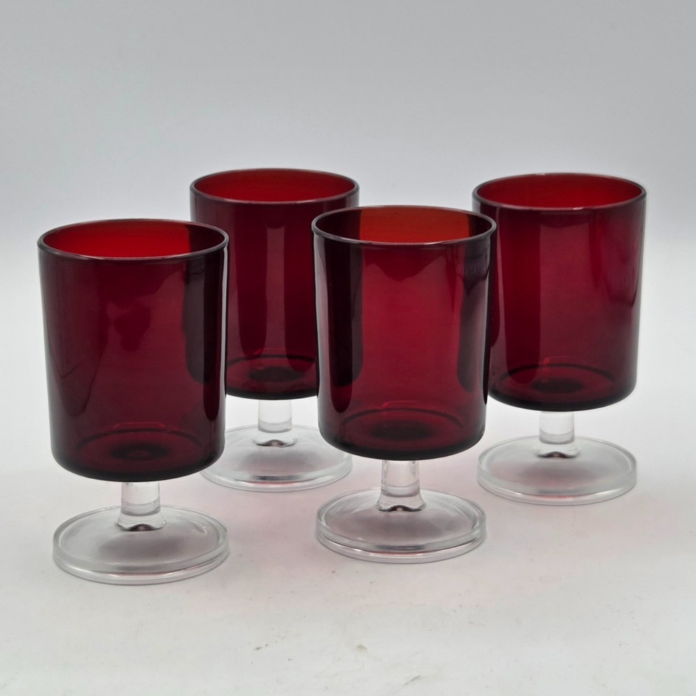 Set of 4  Ruby Red Clear Stem Glasses 4" Made In France Luminarc Arcoroc Vintage